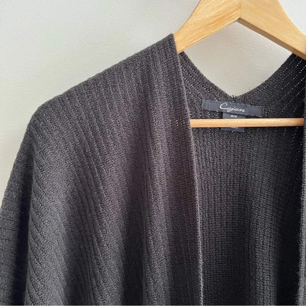 Cejon Super Soft Fringe Trim Open Front Ribbed Knit Ruana Black One Size - Picture 4 of 7
